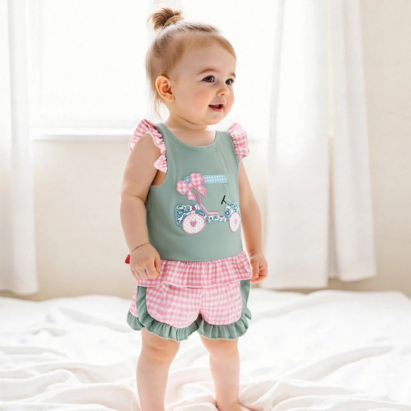 Golf Cart Embroidered Flutter Sleeve Top with Plaid Print Shorts 2-Piece Set