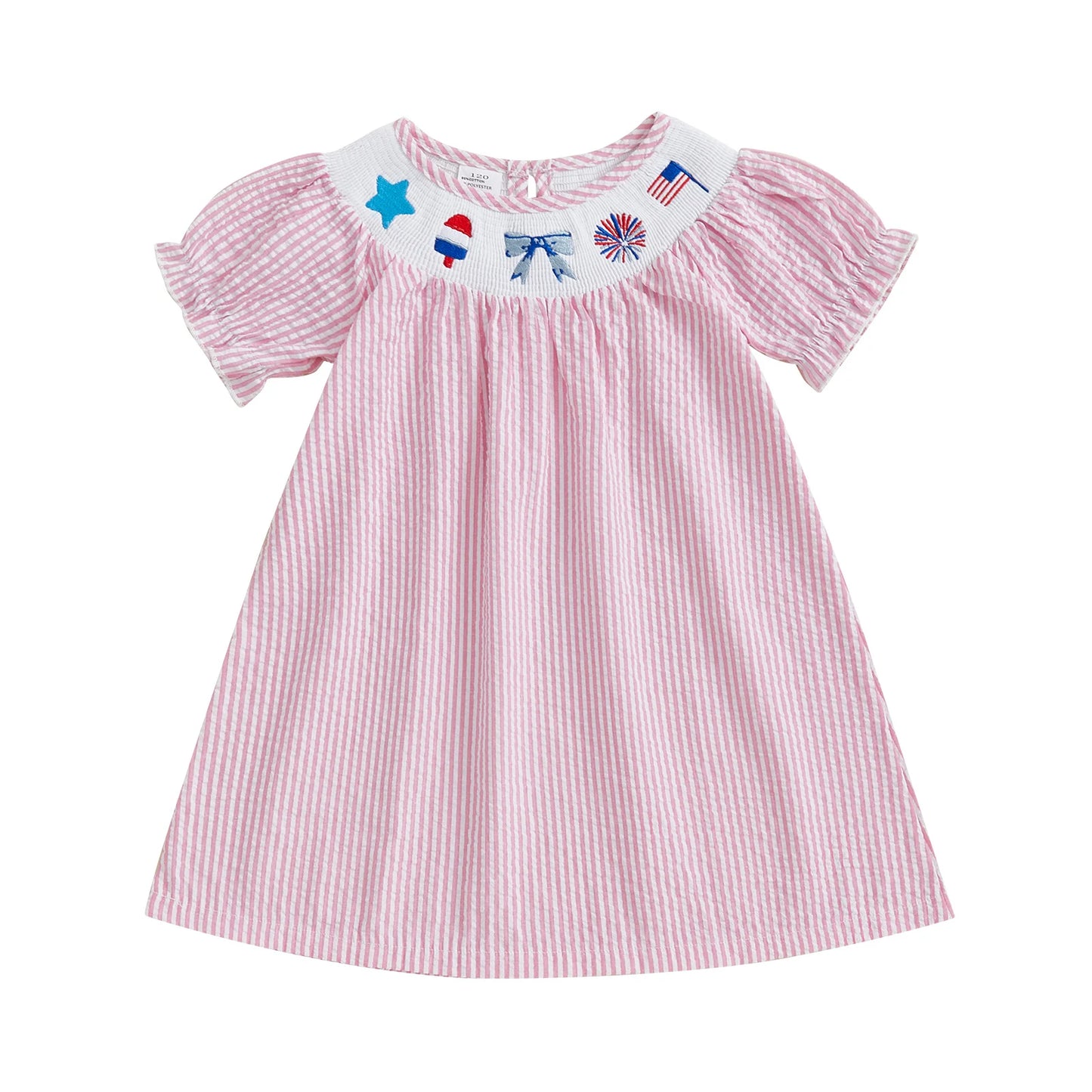 FOCUSNORM 0-6Y Independence Days Kids Girls Summer Dress Short Sleeve Bow Flag Embroidery Stripes Print A-Line Dress