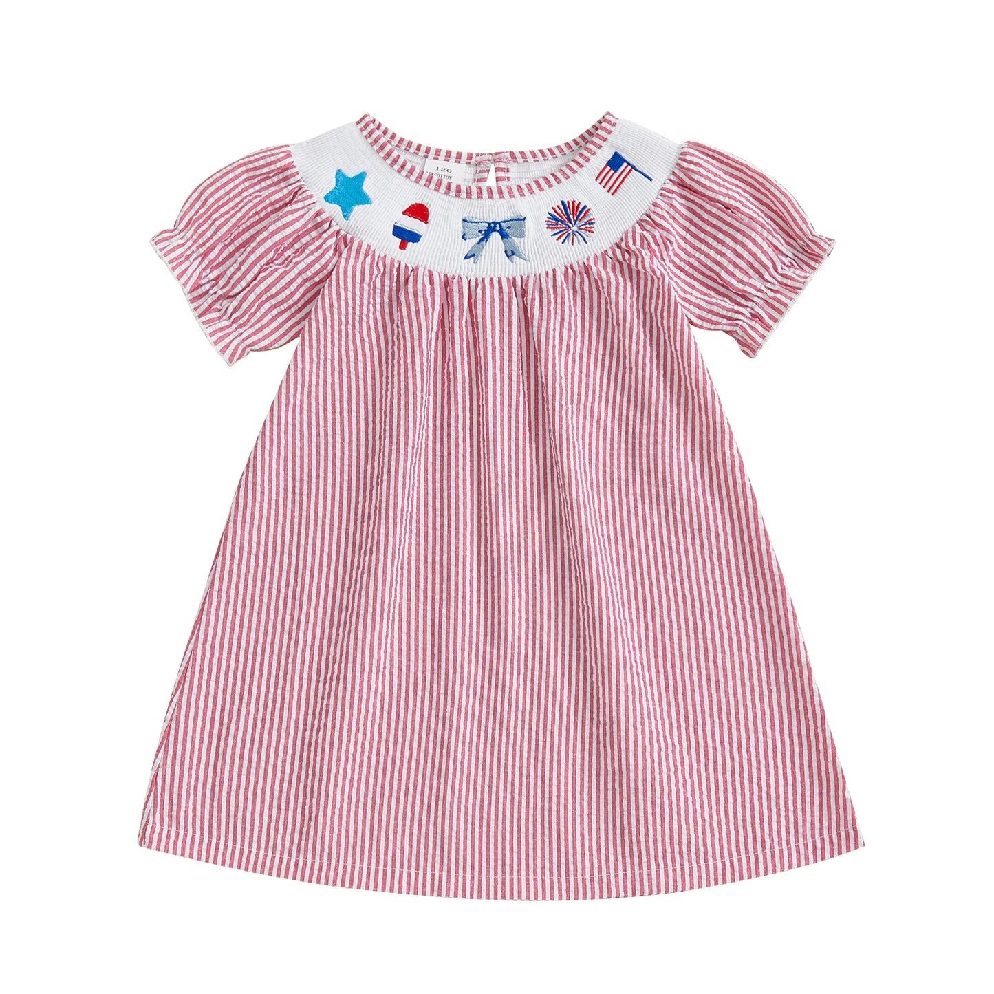 FOCUSNORM 0-6Y Independence Days Kids Girls Summer Dress Short Sleeve Bow Flag Embroidery Stripes Print A-Line Dress