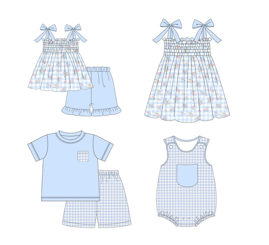 Blue Checkered and Floral Print Children Summer Clothing