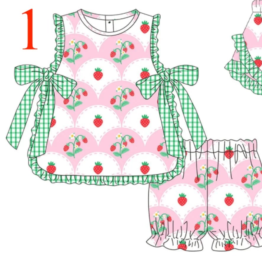 Strawberry Print & Green Plaid Bowknot set