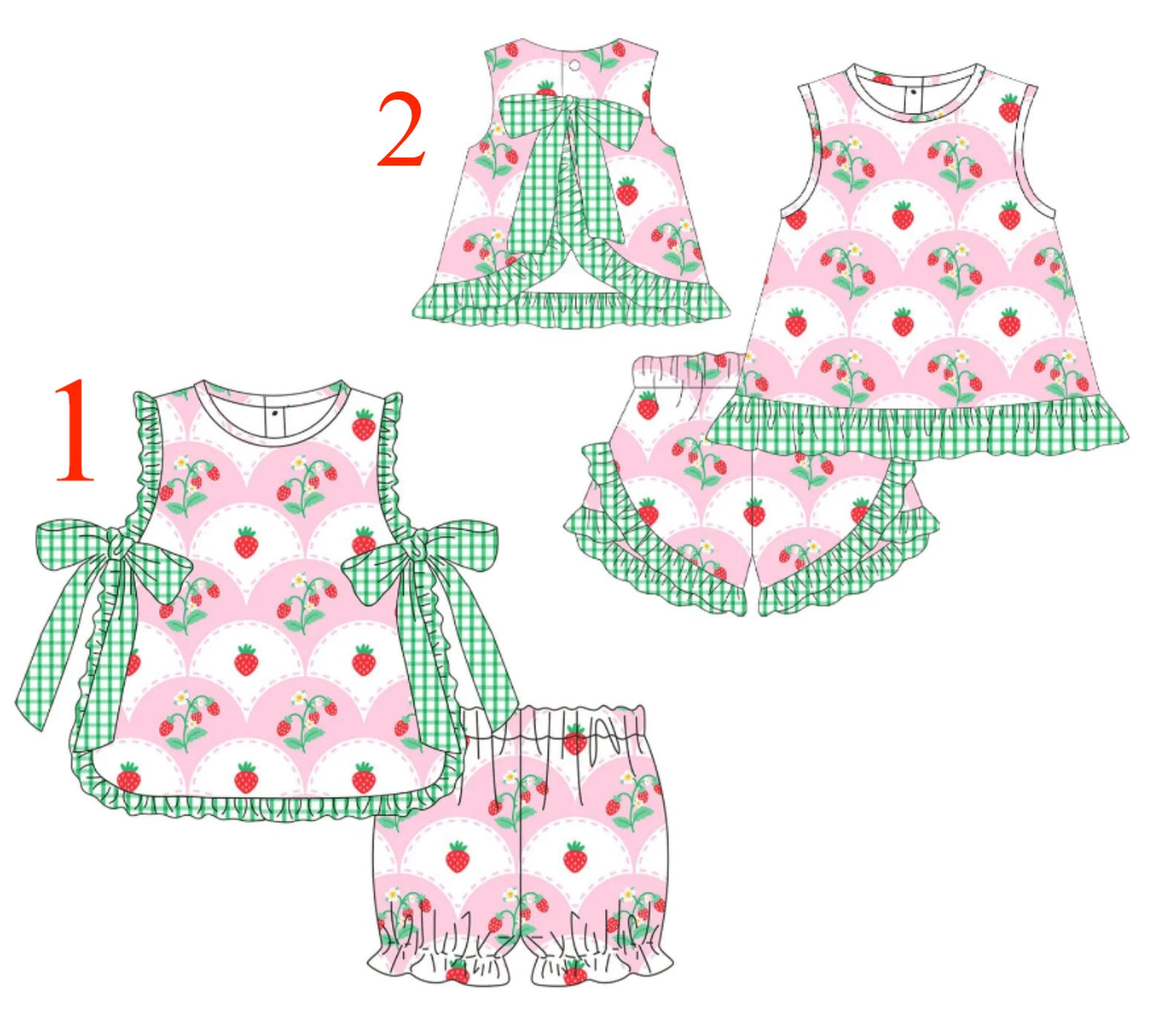 Strawberry Print & Green Plaid Bowknot set