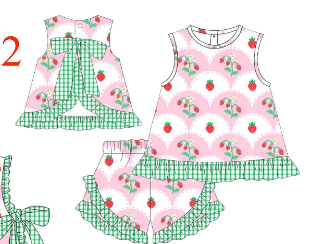 Strawberry Print & Green Plaid Bowknot set