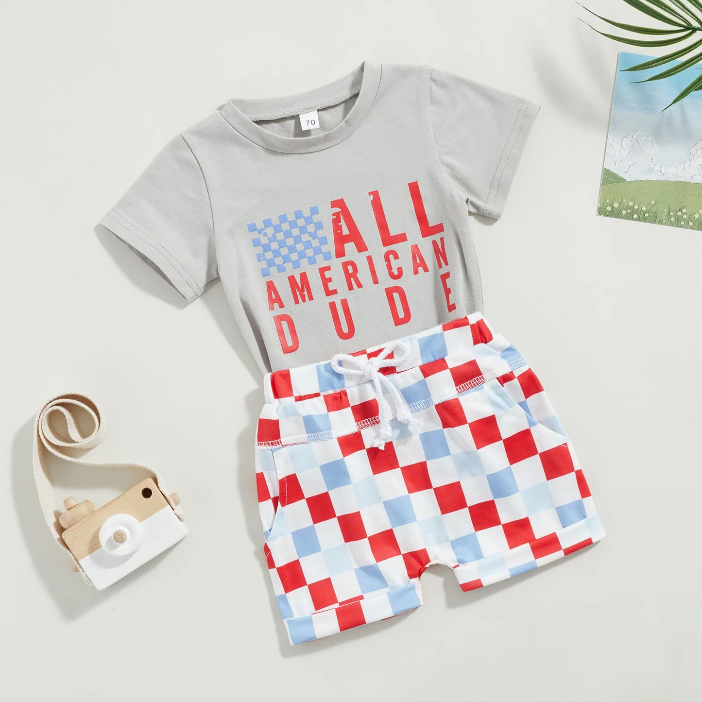 Independence Day Baby Girls Boys Clothes Sets Letter Print Short Sleeve T-Shirts and Checkerboard Shorts 2Pcs