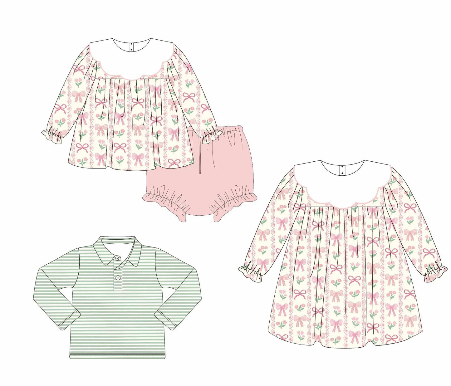 Bow print and green striped matching sibling set