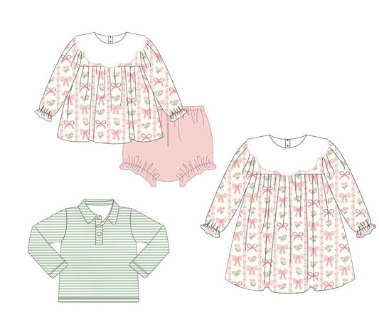 Bow print and green striped matching sibling set