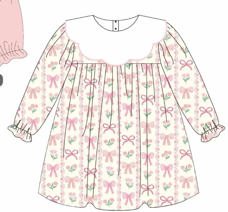 Bow print and green striped matching sibling set