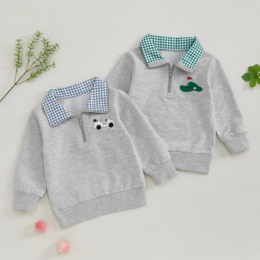 Toddler Boy Sweatshirt Golfcart Embroidery Long Sleeve Pullover