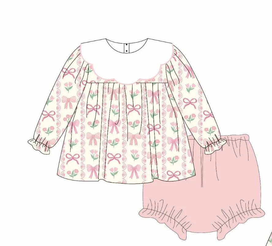 Bow print and green striped matching sibling set