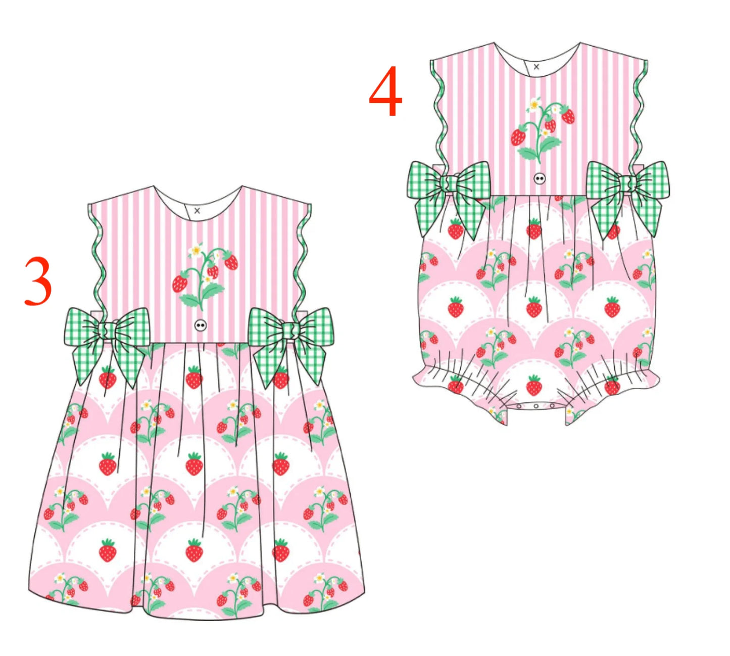 Strawberry Print & Green Plaid Bowknot set
