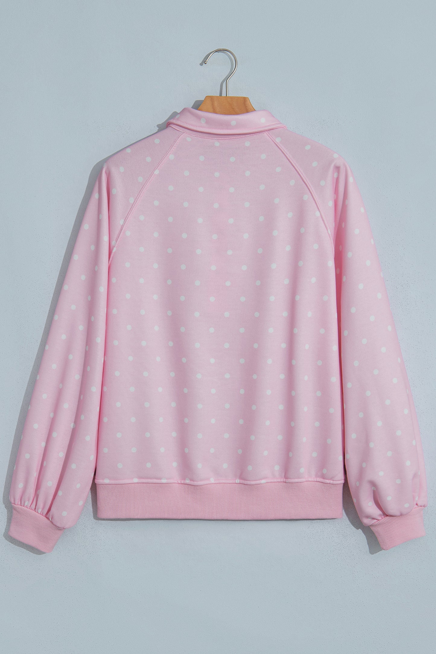 Pink Polka Dot Print Metal Button Collar Casual Pullover Sweatshirt