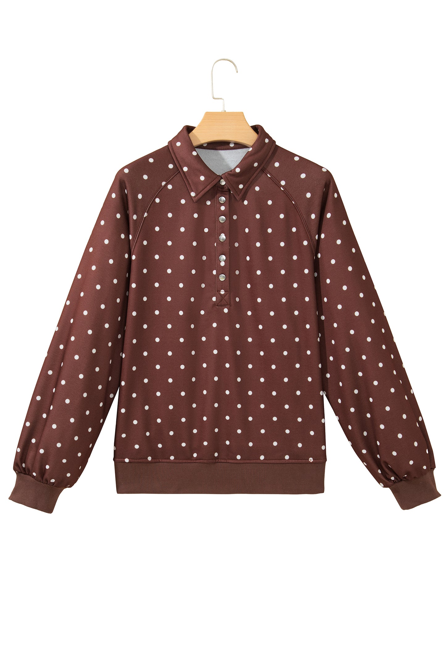 Pink Polka Dot Print Metal Button Collar Casual Pullover Sweatshirt