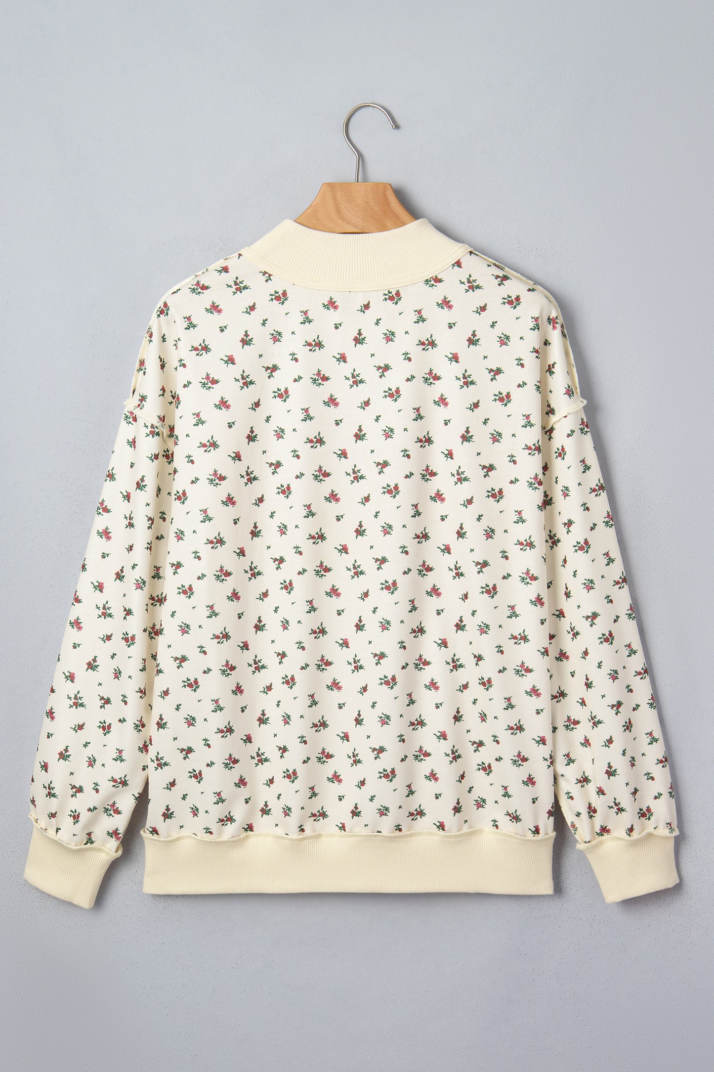 Beige Floral Print Stand Neck Long Sleeve Slogan Sweatshirt