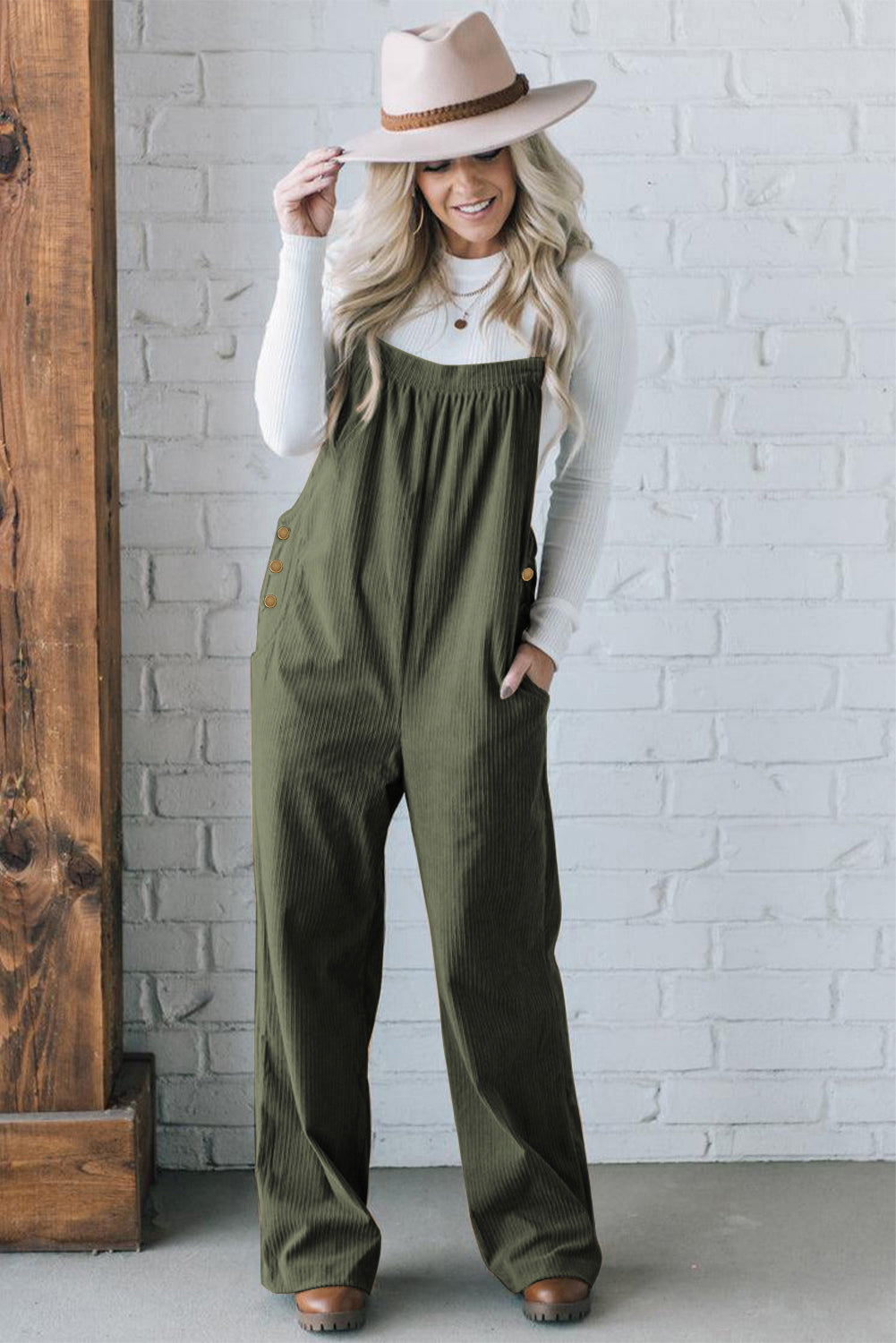 Jungle Green Button Adjustable Straps Solid Color Corduroy Jumpsuit