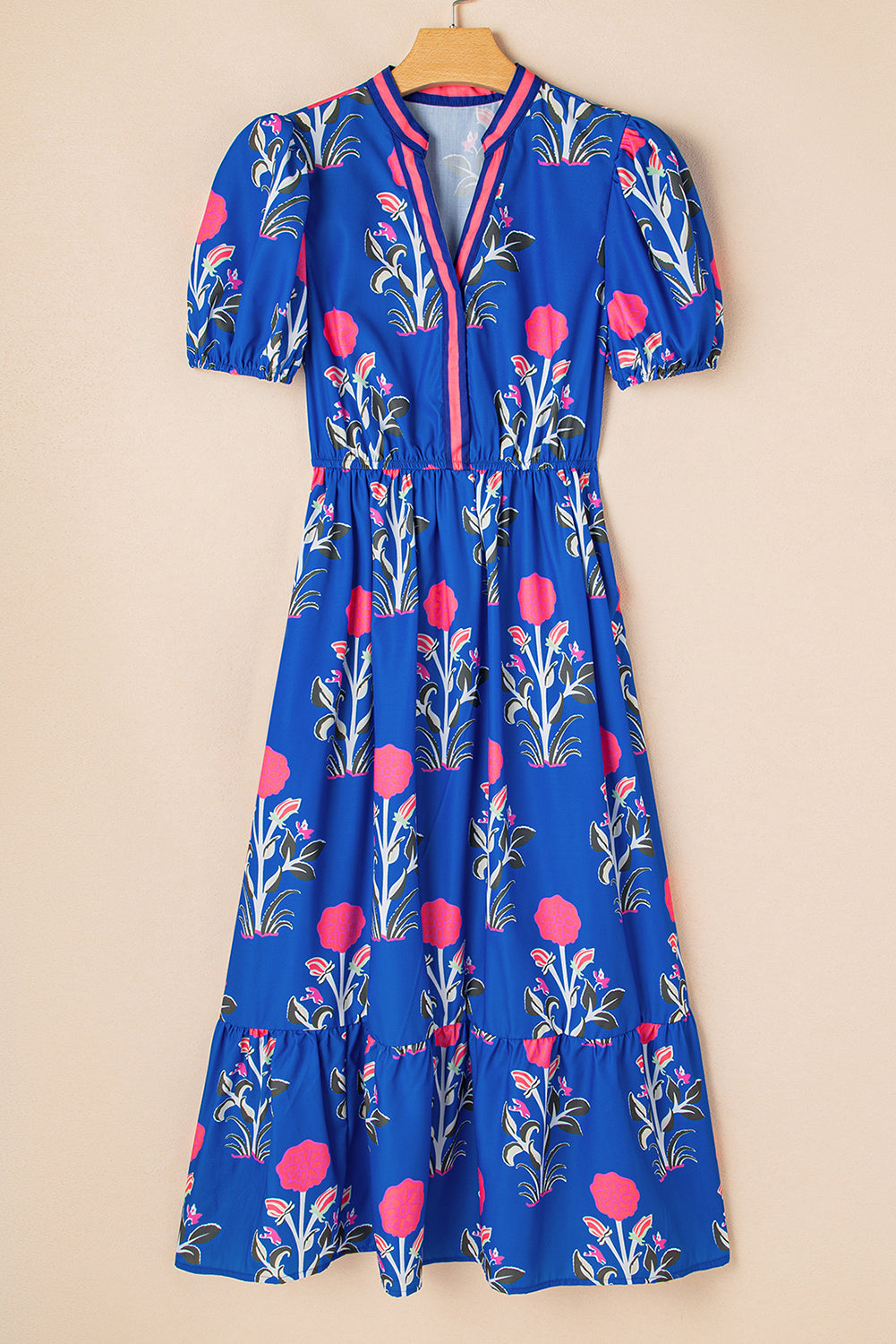 Sky Blue Floral Puff Short Sleeve V Neck High Waist Maxi Dress