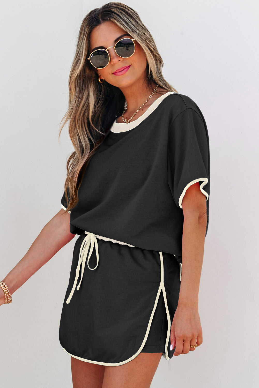 Colorblock Edge Drop Shoulder T Shirt and Skort 2Pcs Set