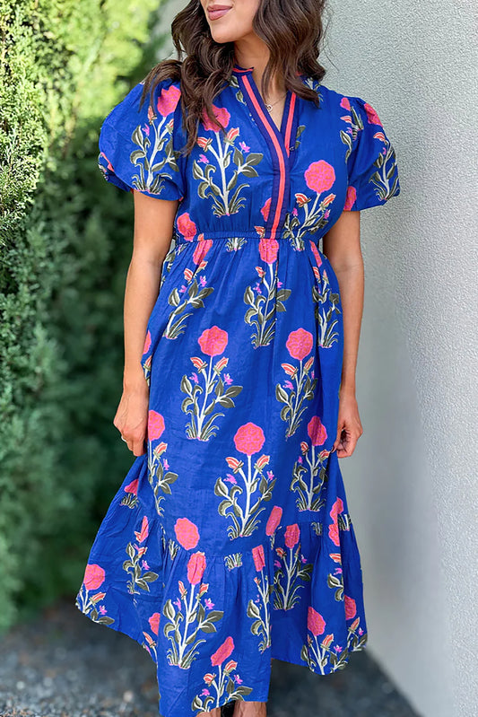 Sky Blue Floral Puff Short Sleeve V Neck High Waist Maxi Dress