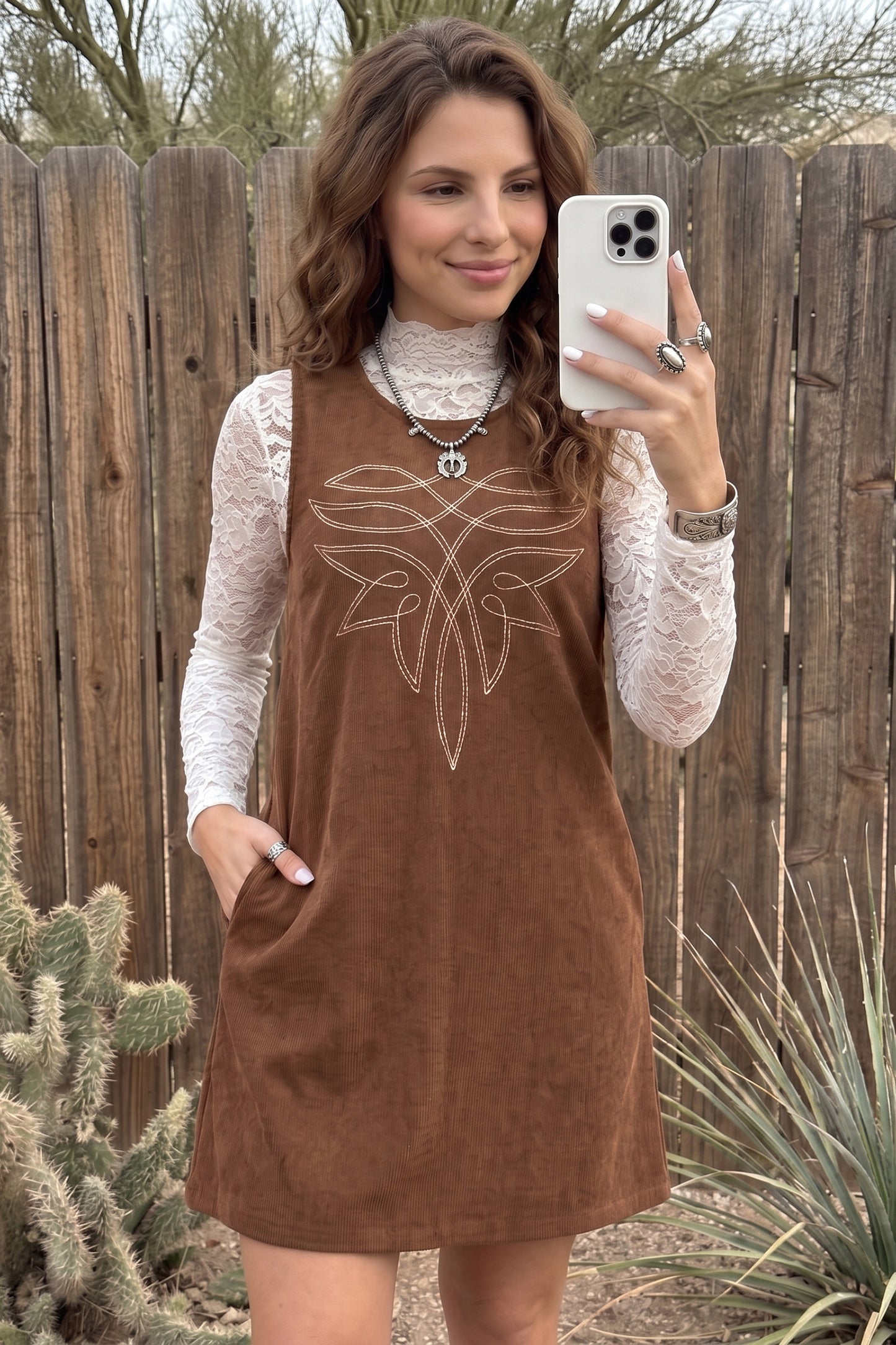 Coffee Geometric Embroidery Sleeveless Corduroy Shift Dress