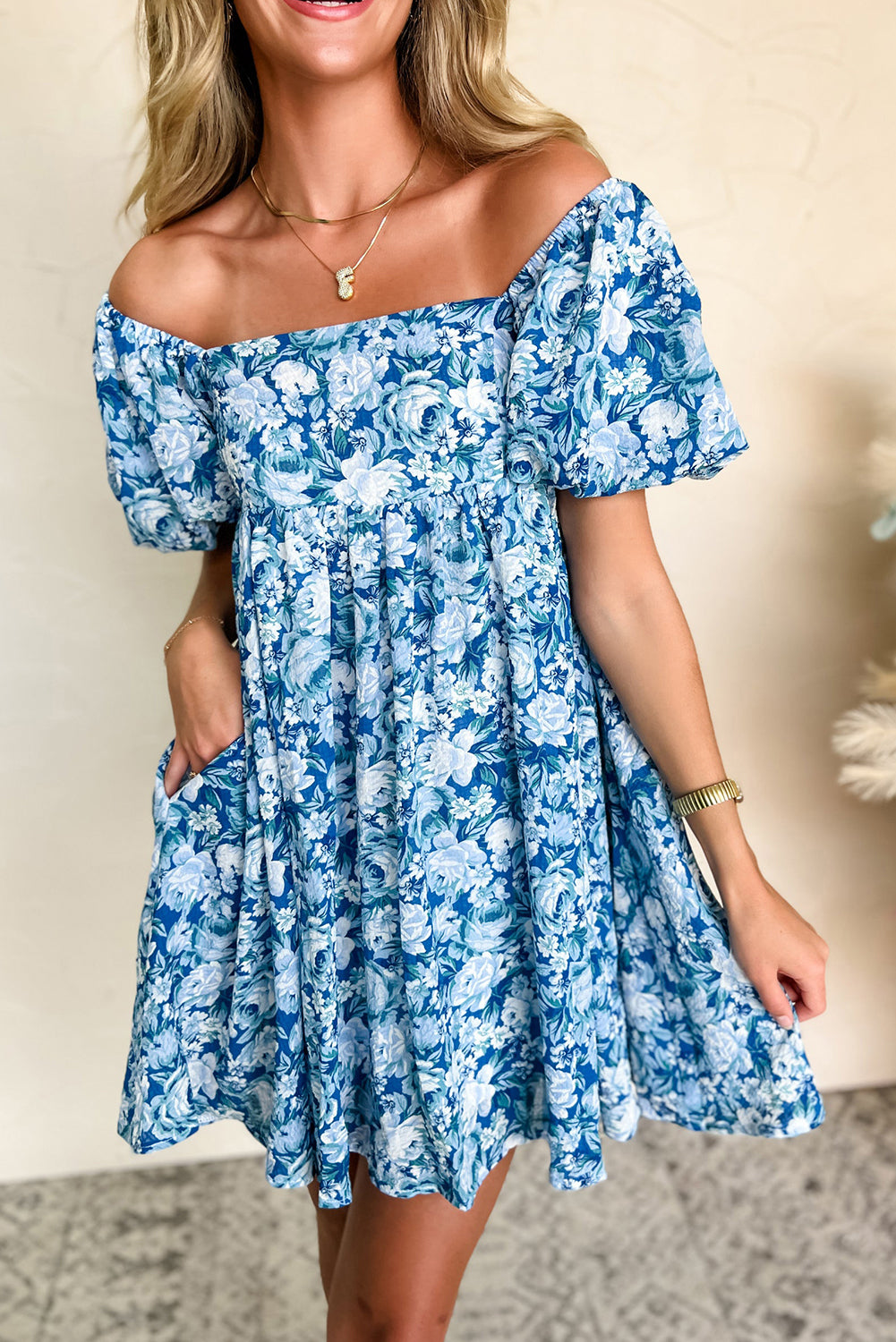 Blue Floral Puff Sleeve Babydoll  Dress