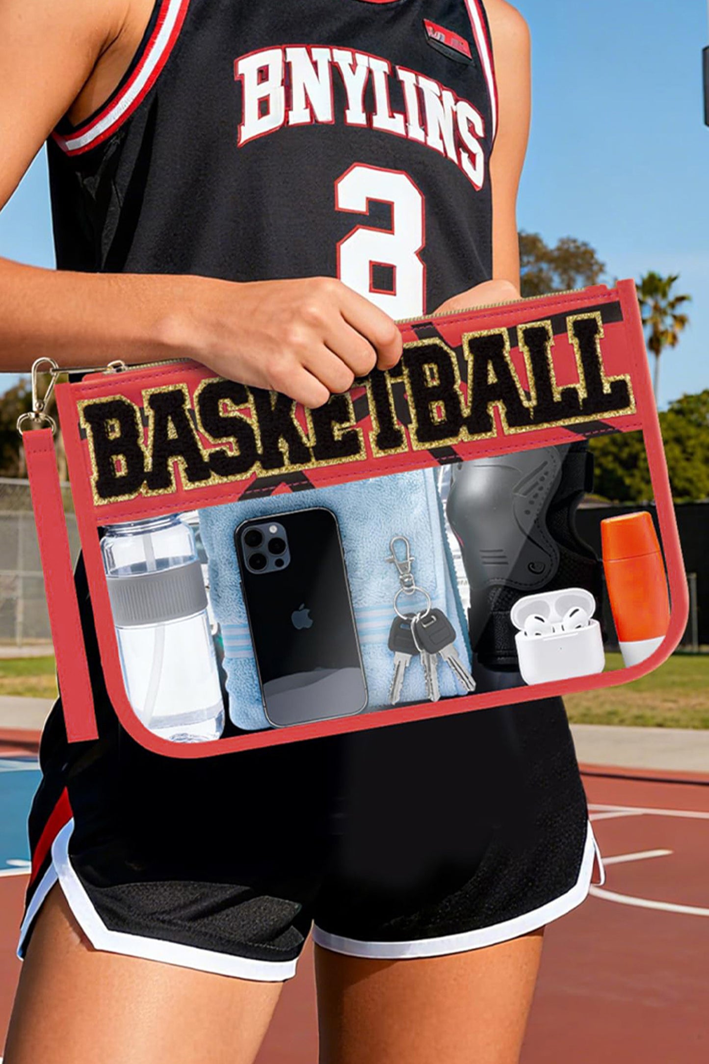 Brown BASEBALL  Chenille Letter Patch Game Day Stadium Clear PVC Cosmetic Bag