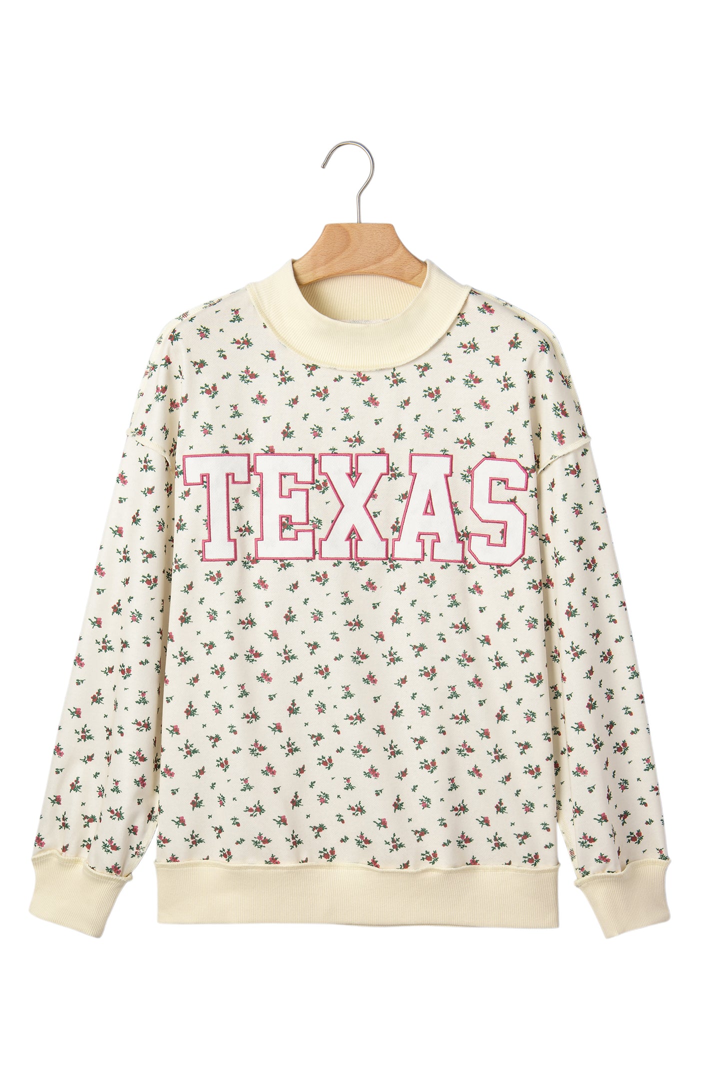 Beige Floral Print Stand Neck Long Sleeve Slogan Sweatshirt