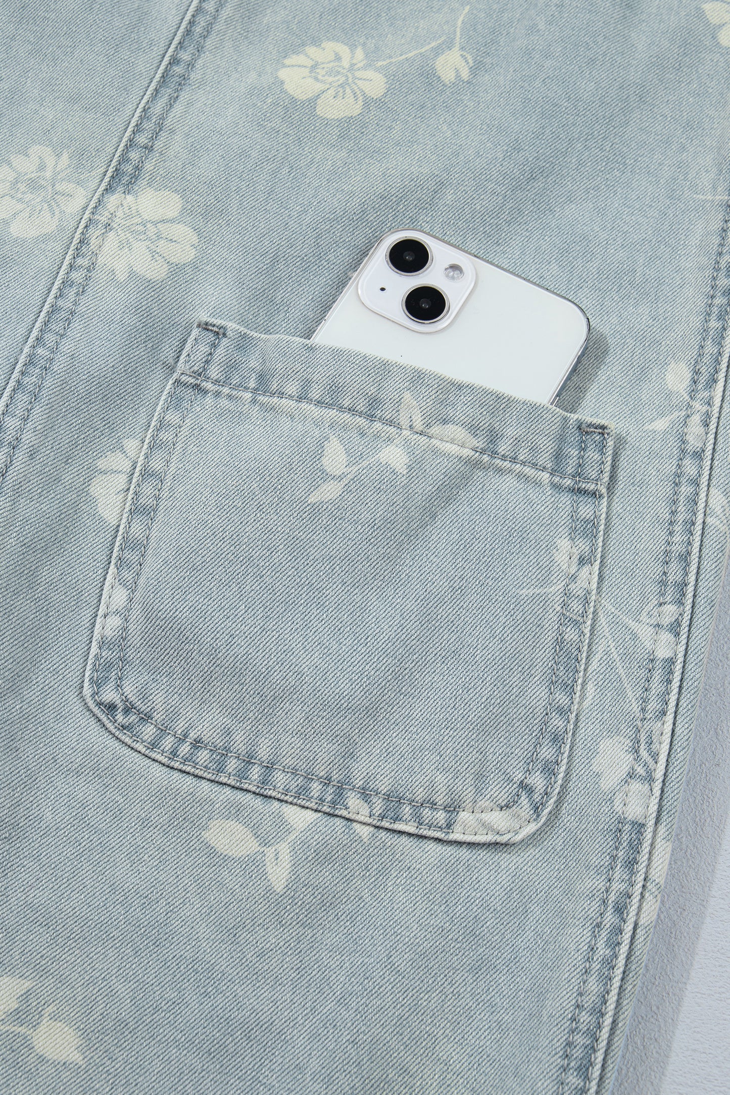 Sky Blue Retro Wash Denim Floral Print Overall Mini Dress