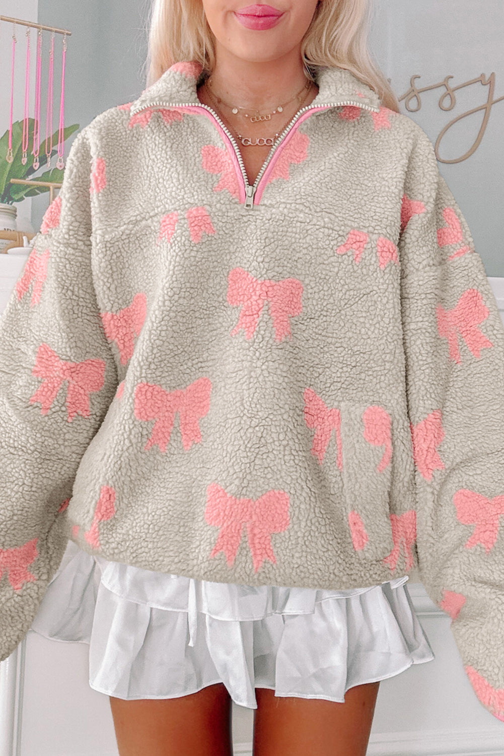 Gray Bow Sherpa Quarter Zip Drop Shoulder Baggy Sweatshirt