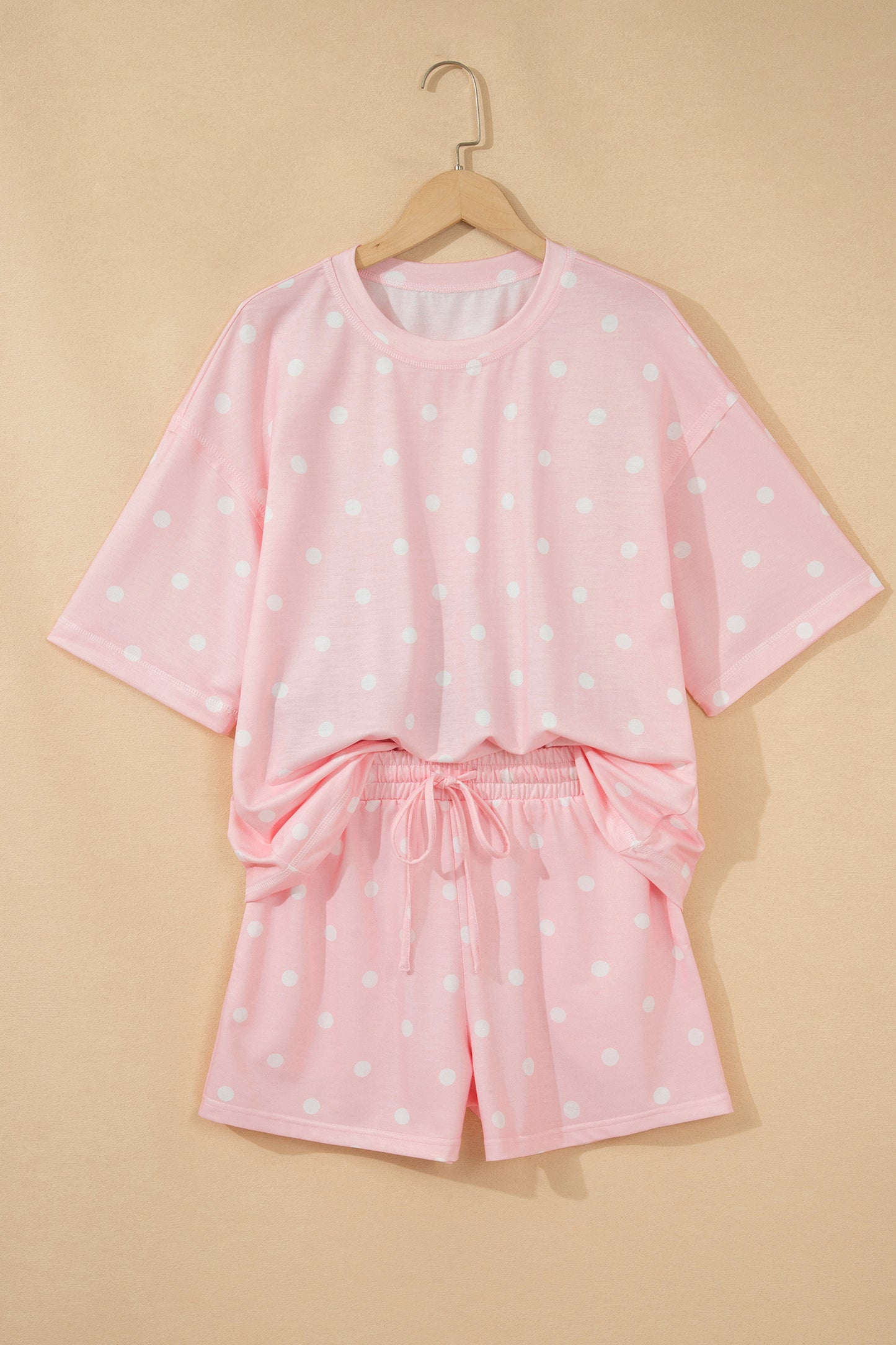 Sky Blue Polka Dot Short Sleeve Loose Top Drawstring Shorts Set