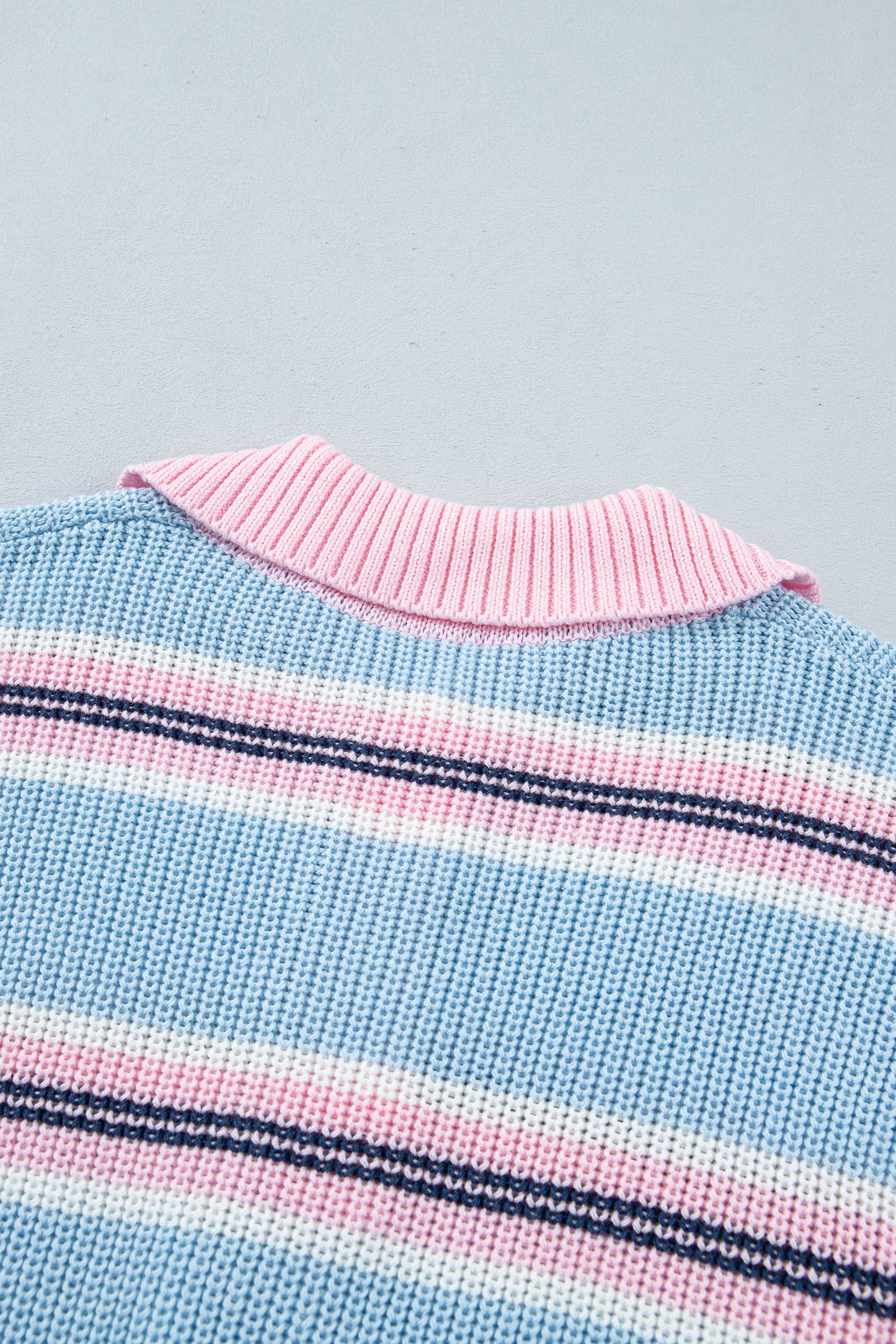 Sky Blue Stripe Striped Button Collar Long Sleeve Shift Fit Winter Knitwear Sweater