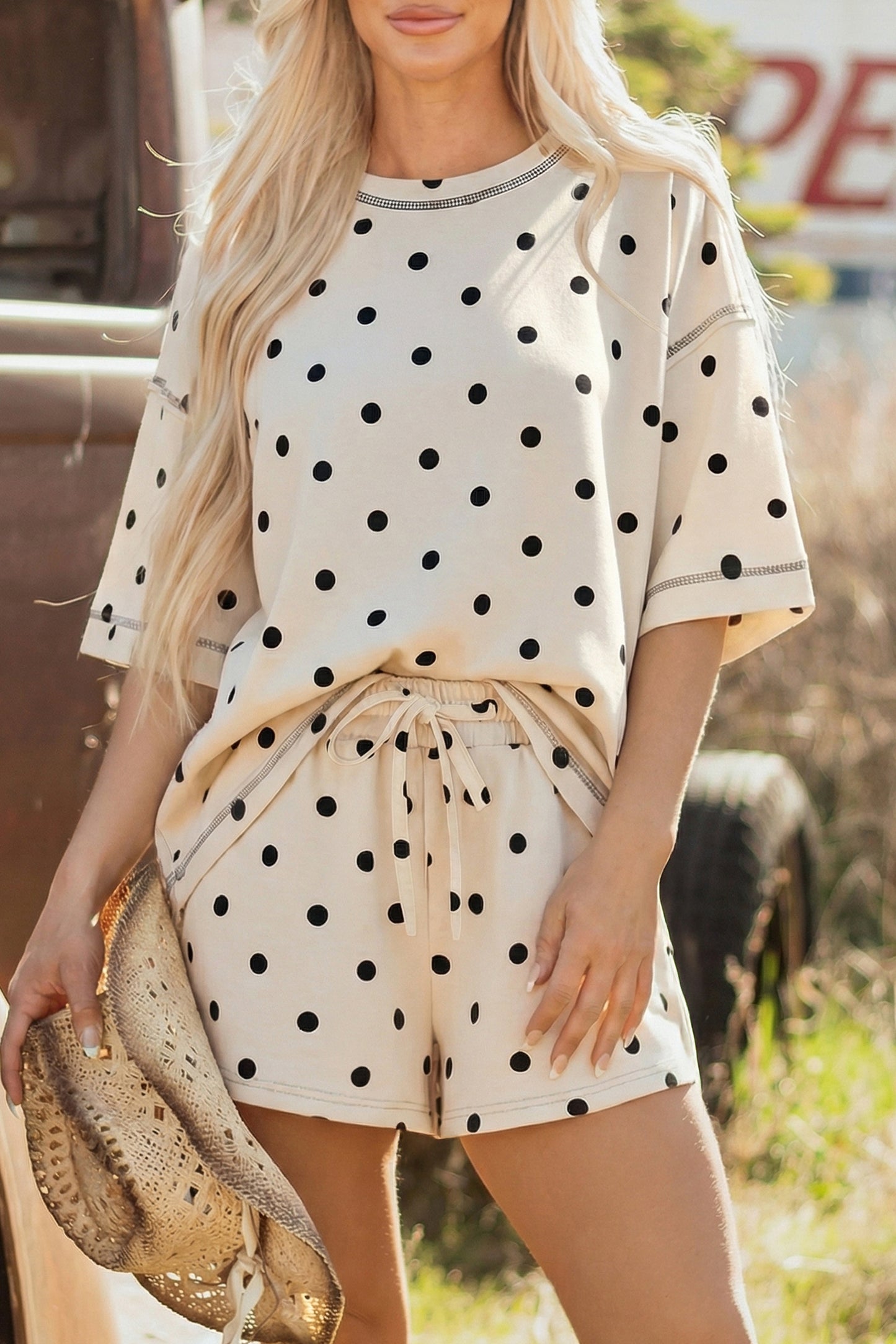 Sky Blue Polka Dot Short Sleeve Loose Top Drawstring Shorts Set
