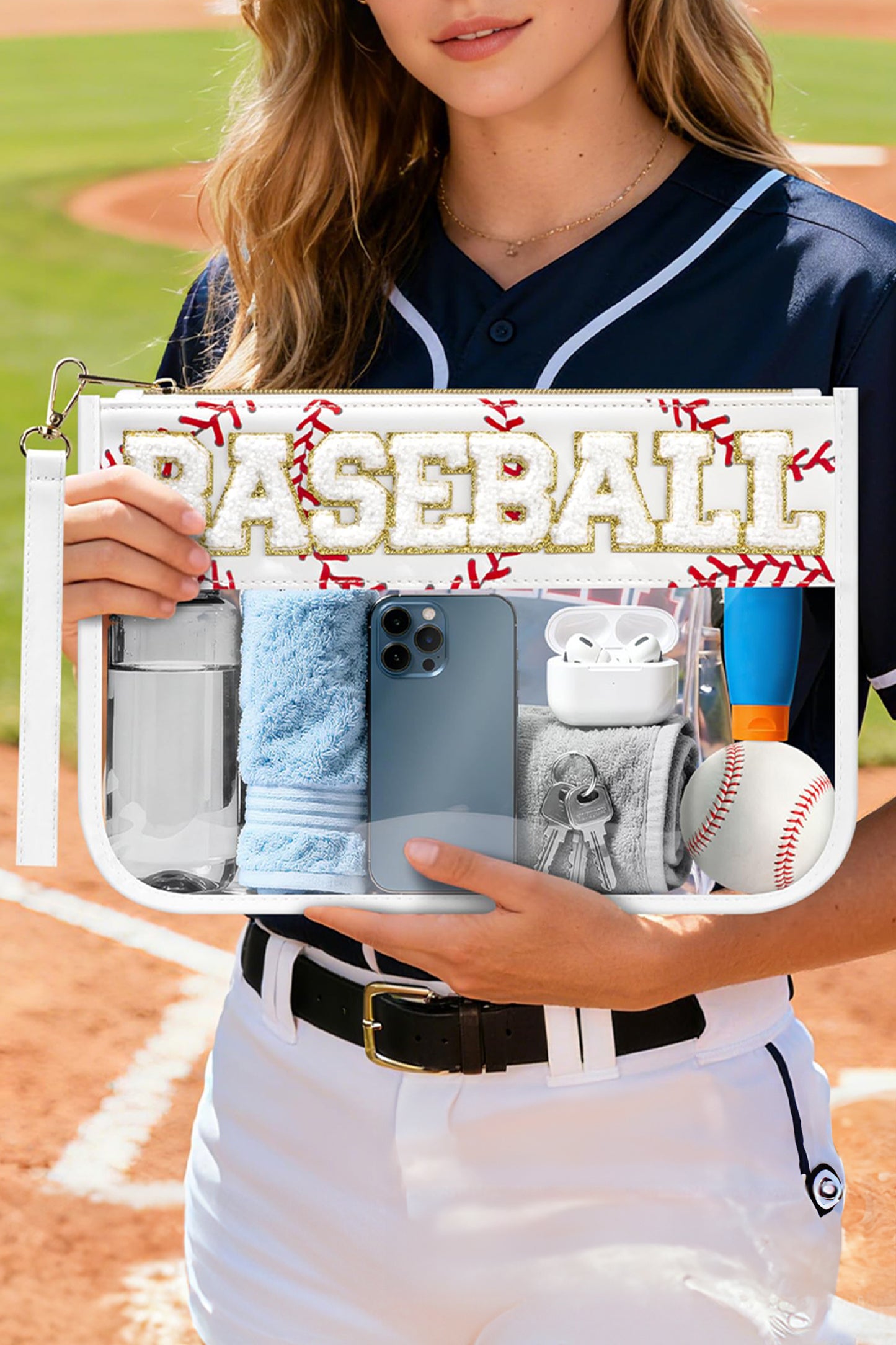 Brown BASEBALL  Chenille Letter Patch Game Day Stadium Clear PVC Cosmetic Bag