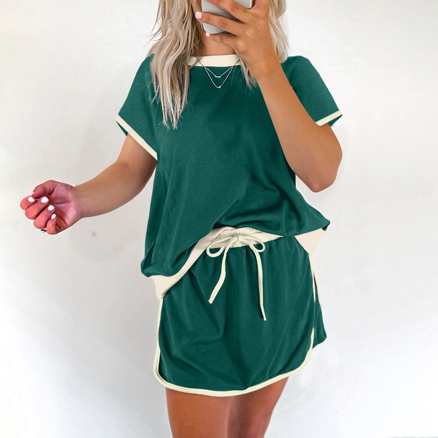 Colorblock Edge Drop Shoulder T Shirt and Skort 2Pcs Set