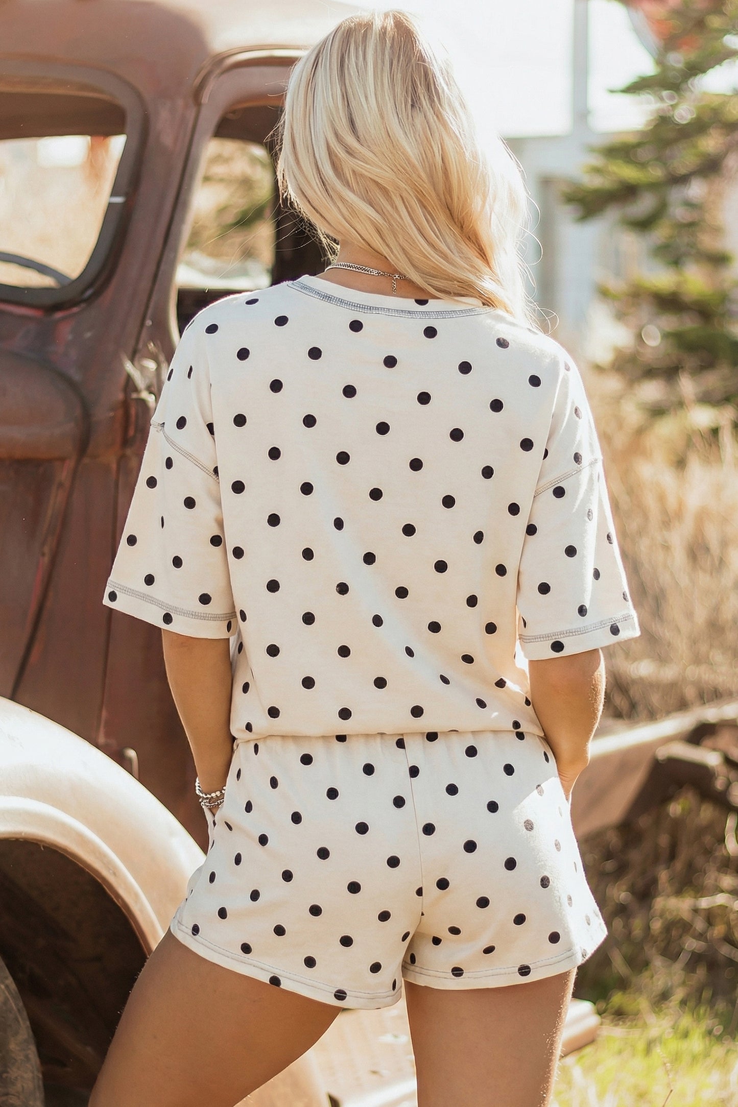 Sky Blue Polka Dot Short Sleeve Loose Top Drawstring Shorts Set